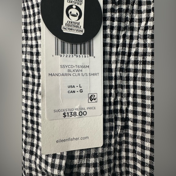 Eileen Fisher Puckered Organic Linen Gingham Mandarin Collar Short Sleeve Top - Picture 7 of 13